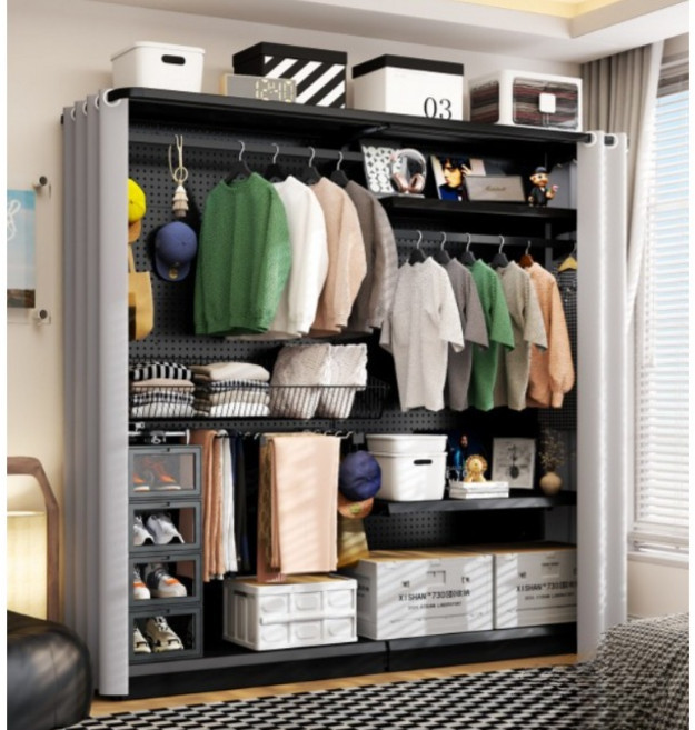 조립식 개방형 옷장 방진 커튼 포함 실용적인 붙박이장 학생 기숙사 원룸 공간활용 스타일 간편 설치, W_166cm 단일 걸이대형