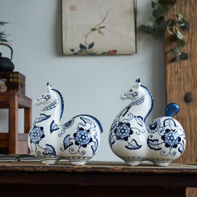 고전 말 도자기 장식 2P세트 한쌍 선반장식 거실 책상 장식품 인테리어 풍수소품