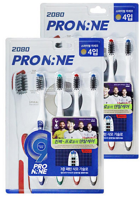 애경 2080 프로나인 칫솔 스파이럴 미세모 4입 2개 양치, 4개입