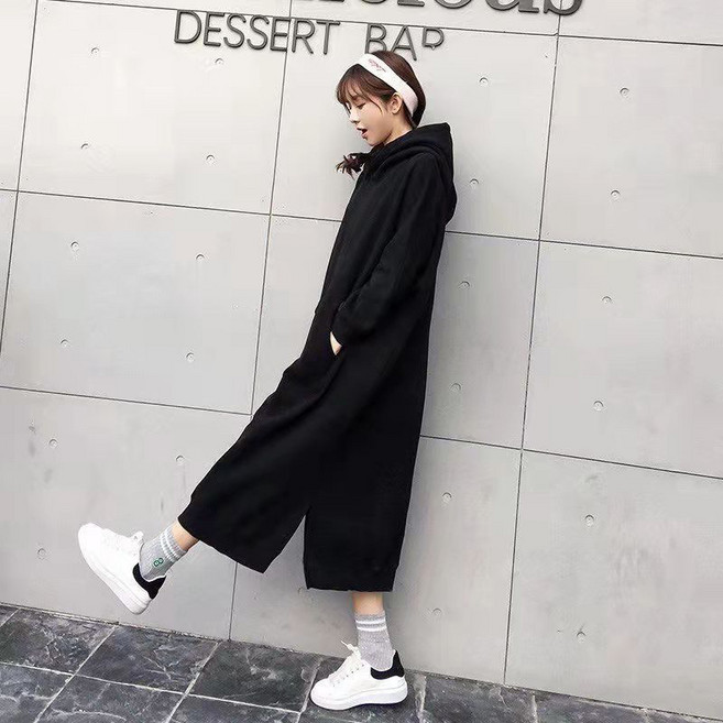 大尺碼連帽長版衛衣裙 - M-4XL, 黑色