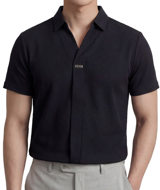 루크 남성 여름 고급 캐주얼 브이넥 반팔 카라티 얇고 시원한 클래식 편안한 티셔츠 세련된 세미 정장 단정한 상의