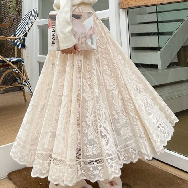 스타일럭 플레어 롱 스커트 레이스 치마 허리 밴딩 44-77