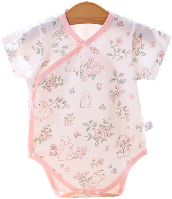 純棉側開包屁衣 新生兒寶寶短袖包臀衣 嬰兒服飾 粉花兔兔 59碼 適合0-3個月