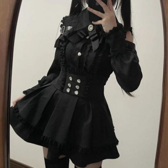 지뢰계 양산형 옷 패션 얀데레 코디 빈티지 고스로리 하라주쿠 고딕 복고 드레스