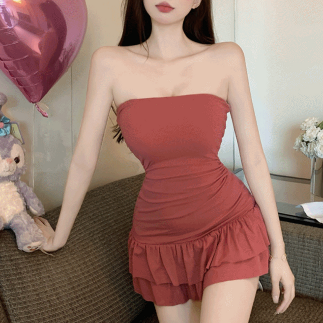 [당일출고]로제 프링 캉캉 튜브탑 미니원피스