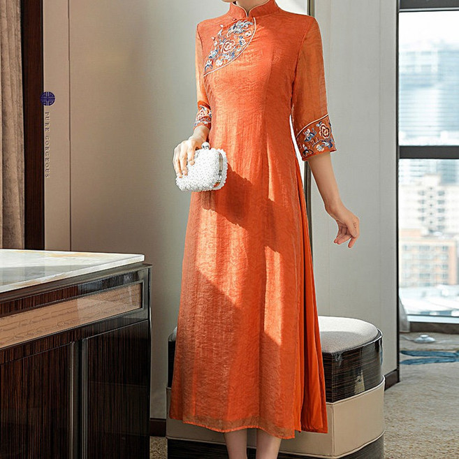 ORZQU 여성 쉬폰 롱원피스 칠부 소매 허리 조임 개량한복원피스