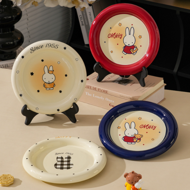[당일배송]정품 미피 도자기 원형접시 플레이팅 디저트 케이크 토스트 과일 접시 악세사리 소품트레이 캐릭터접시 전자레인지사용, 1개, D