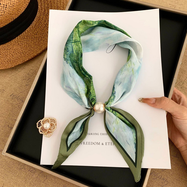 로튼 진주 자석 스카프 봄 여름 실크공단 쁘띠 미니 여성 간편