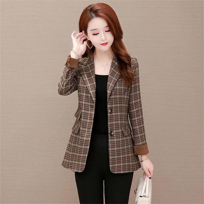 Vezri 여성용 체크 패턴 슬림핏 블레이저 정장 자켓 가을 봄