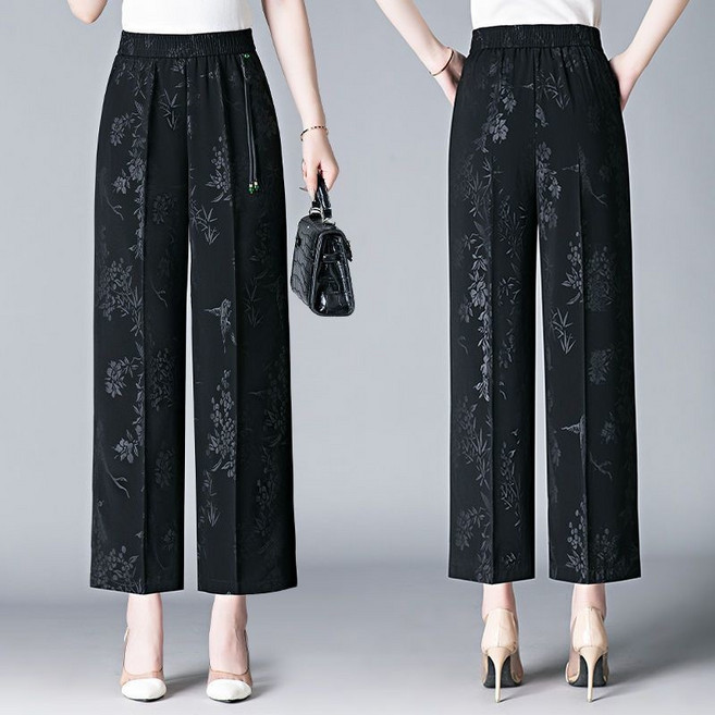 AOKADA 중년 여성 냉감 와이드 일자 팬츠 자카드 9부 쿨링 아이스 바지