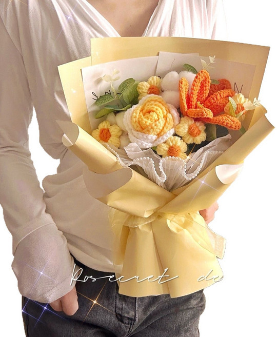 毛線手工針織花束成品 畢業季生日禮物, 1件, 1黃鬱金香1漸變黃玫瑰2棉花: 1