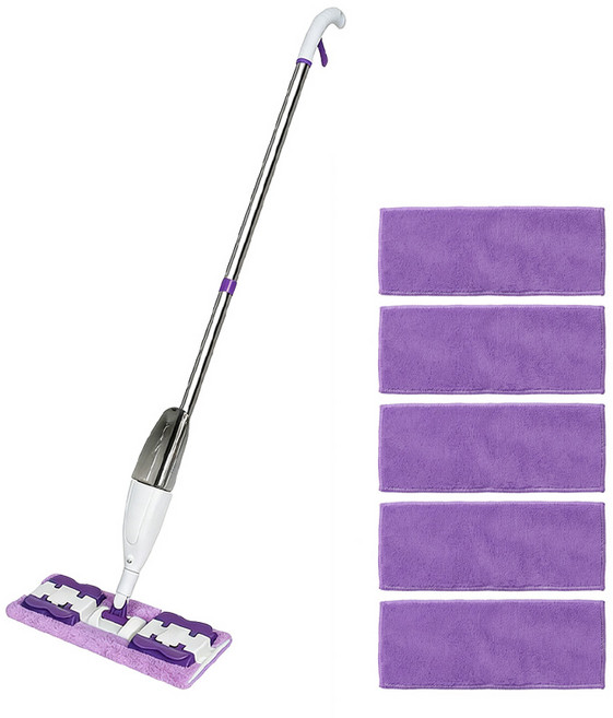 Ahomeone 물분사 밀대걸레 + 극세사 패드 5개 일반타월 호환 가능 자동집게형 바닥 물걸레 세트, 1개