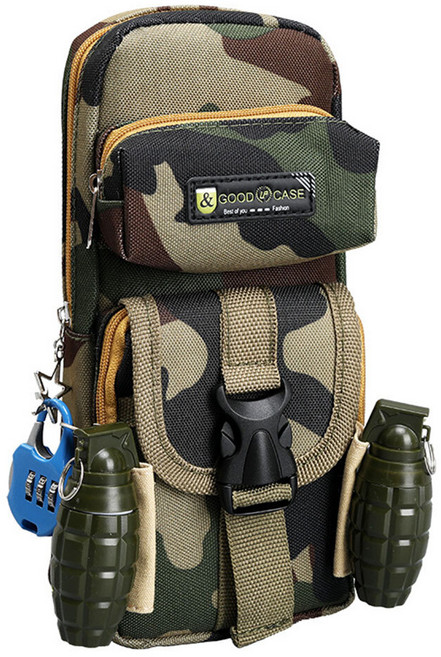 초코링샵 밀리터리 수류탄볼펜 좌물쇠포함 초등 남아 파우치형 필통, 클래식카키