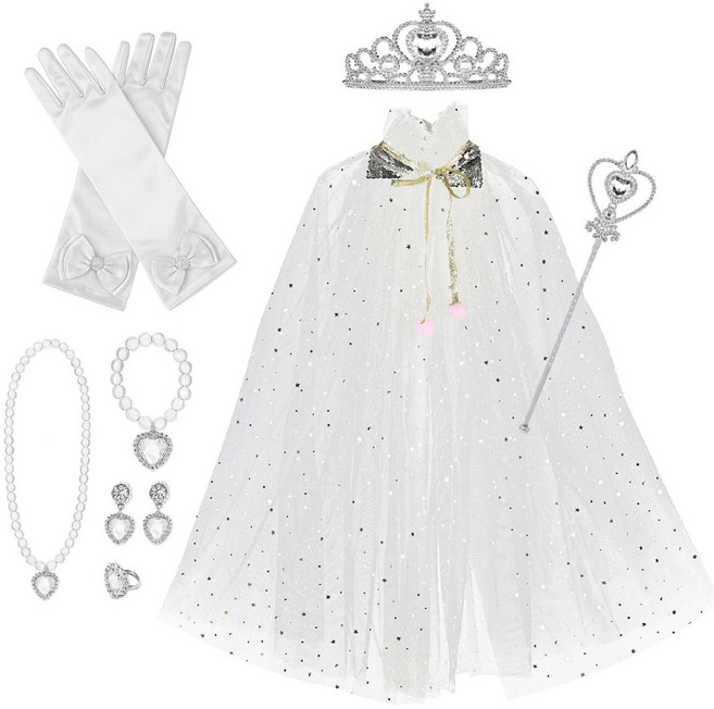 [청춘교복] 공주세트 8종 생일 축하 파티 브라이덜샤워 연말 선물 소품 프린세스 코스튬 주얼리 왕관 요술봉 망토 목걸이 액세사리, 1개, 화이트