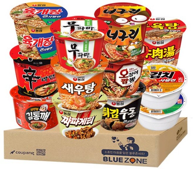 블루존 농심 큰컵라면 12종 세트(신라면+김통깨+너구리+육개장+짜파게티+무파마+오징어짬뽕+새우탕+튀김우동+우육탕+육개장사발+김치사발), 1개