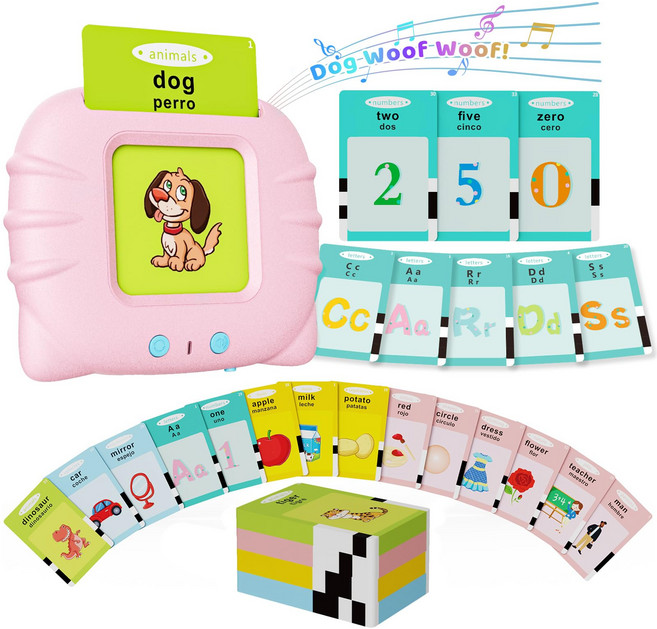 Sound Flashcards 유아(1-3세)발성반짝이카드 업그레이드 버전 248개 단어 몬테소리 언어 계몽 및 언어 치료 장난감 자폐증 감각 교육 학습 완구, 224단어 영어 및 스페인어 핑크