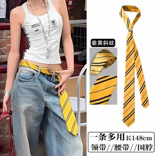 條紋領帶 學院風 男女通用 休閒配飾 青少年適用 襯衫搭配 制服穿搭 日系風格 簡約設計 時尚單品+黃色平行條紋領帶