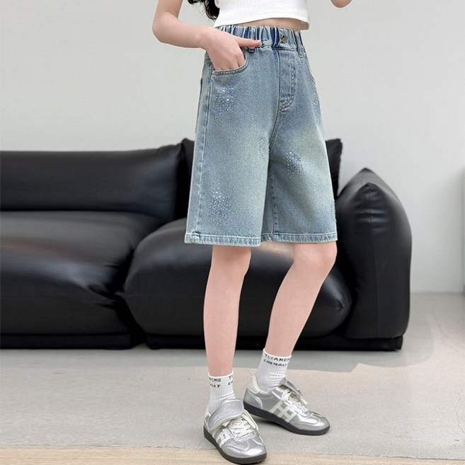 사사로이 여아 청소년 반바지 5부 기장 스크레치 무늬 블링 큐빅