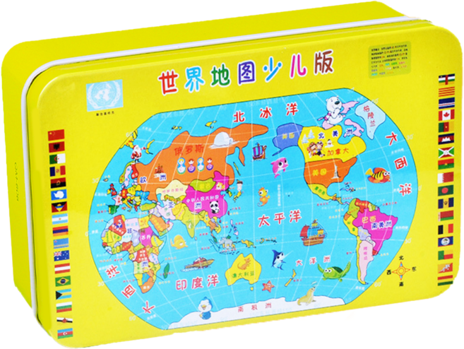卡通拼圖 兒童益智玩具 鐵盒裝, 【60片】世界地圖, 1個, 60片