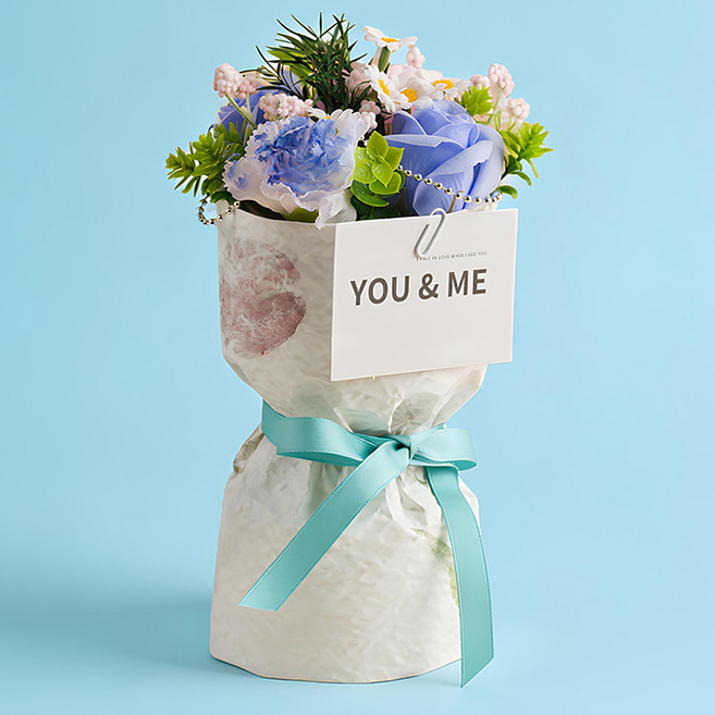 아이라 프리저브드 플라워 기념일 장미 비누꽃다발 쇼핑백, 블루