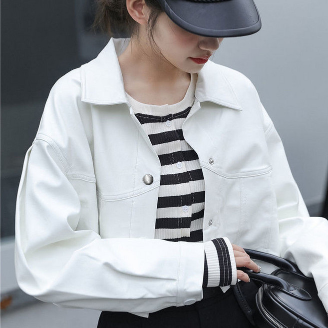 봄 가을 여성 가죽 자켓 숏 라이더 가죽 자켓 봄 가을 패션 크롭 스타일 캐주얼 버튼 장식 JS