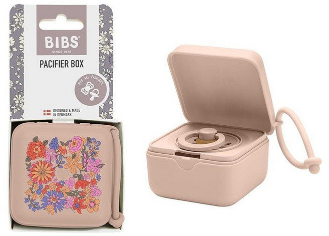 BIBS Liberty 스트랩이 달린 젖꼭지 박스. 수더 홀더 및 살균기 케이스. 100% BPA 프리 식품 등급 소재 - 보보 페트롤, June Blossom Blush