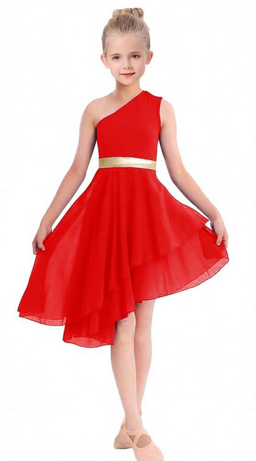 ORIDOOR Oblique Shoulder Praise Dance Costume for Girls Metal Irregular Worship Ceremony Lyrical, 9~10세, 02-레드