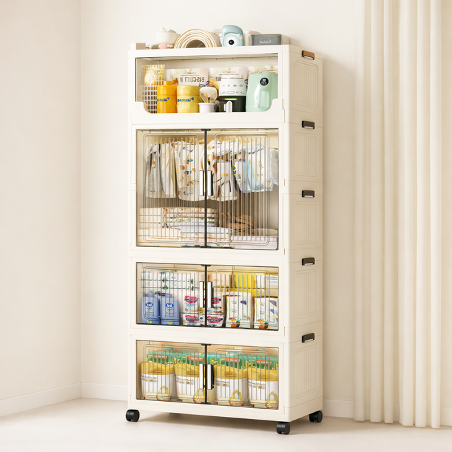 아이방 옷장 수납장 접이식 이동식 플라스틱 옷장 대용량 장난감 정리함, 흰색