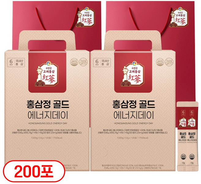 1+1 홍삼정 골드 6년근 프리미엄 100회분 대용량 쇼핑백 선물세트 에너지데이, 2개, 1L