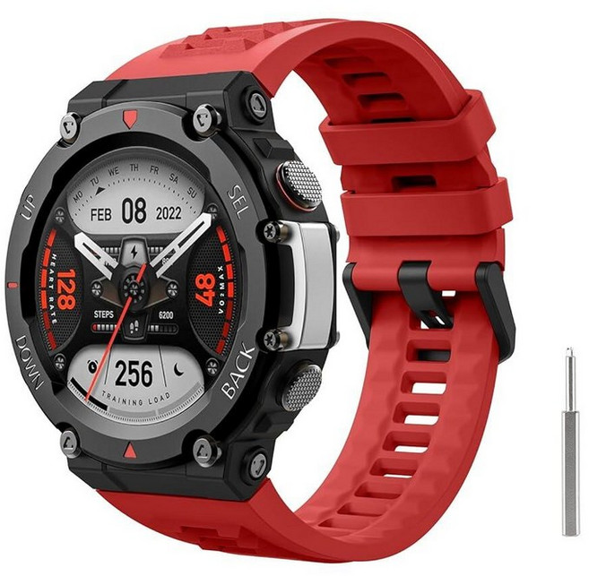 MoKo Amazfit T-Rex 2 아웃도어 GPS 스마트워치와 호환되는 시계 밴드 부드러운 실리콘 교체 스트랩 스포츠 손목 밴드 금속 스크루 드라이버 포함 레드