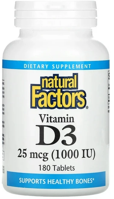 내추럴팩터스 Natural Factors 비타민 D3 25mcg 1000IU 180정 콜레칼시페롤 Cholecalciferol 스테아린산 마그네슘 인산이칼슘, 기본, 1개 - 쿠팡