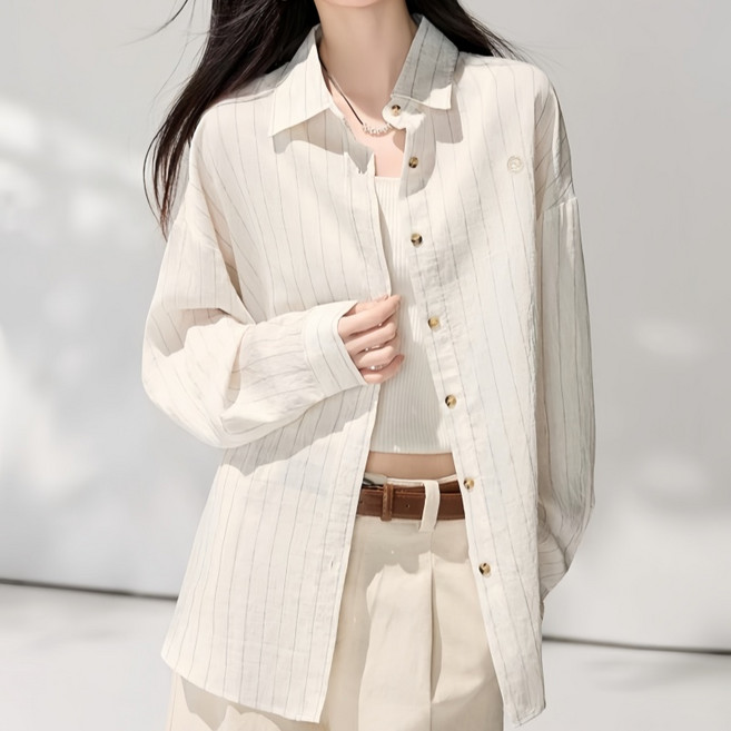 Makone 여성 일반칼라 스트라이프 긴팔 셔츠 린넨 캐주얼 루즈핏 심플 데일리 남방