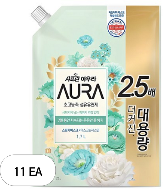아우라 초고농축 섬유유연제 스모키머스크 리필, 1.7L, 11개