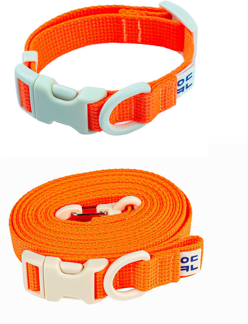 구름솜 강아지 목줄 + 3미터 M 리드줄 핸드프리 산책용품 세트 콜마이네임, 형광오렌지, 1개