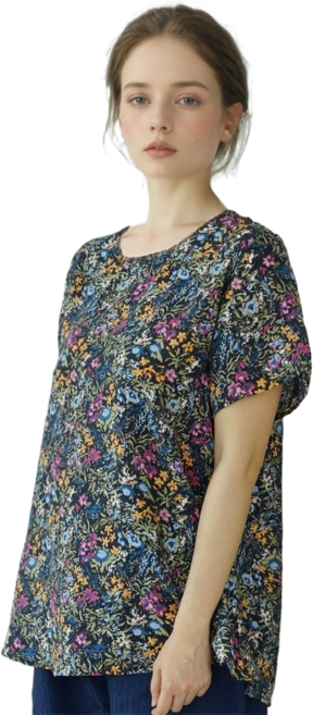 캐리루시 인견 나염 라운드 반팔 블라우스