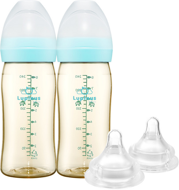 루피너스 PPSU 젖병 240ml 트윈팩(아쿠아민트/2개입)+젖꼭지(2개입), 루피너스 PPSU 젖병 240ml 트윈팩(아쿠아민트), 젖꼭지 2단계(1~4개월)