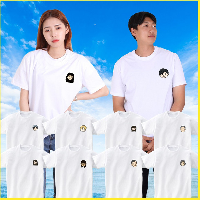 채색버전 가족 얼굴 캐릭터 티셔츠 반팔 왼쪽가슴 / 여행 커스텀 패밀리룩 사진 의상 제작 커플티 돌 촬영 칠순티 단체복