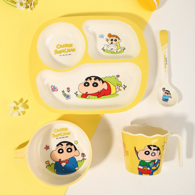 우허 크레용 신짱 식판 4종 세트, 접시 + 그릇 + 컵 + 숟가락, 1세트, 노란색 + 베이지