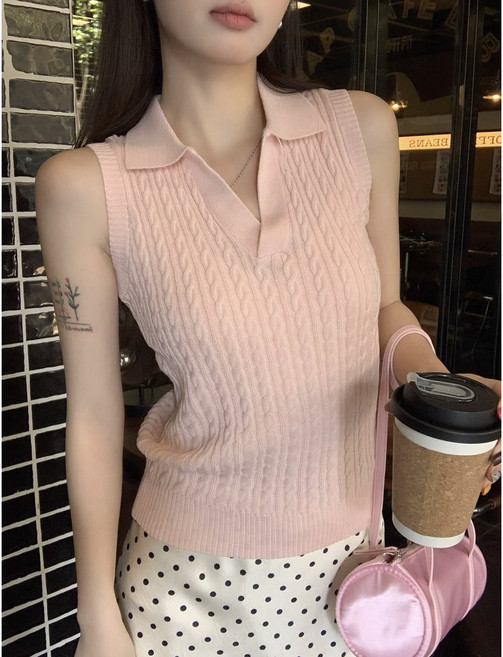 썸머바이브 NQ-487 여성 브이넥 꽈배기 빈티지 카라 여름 니트 나시