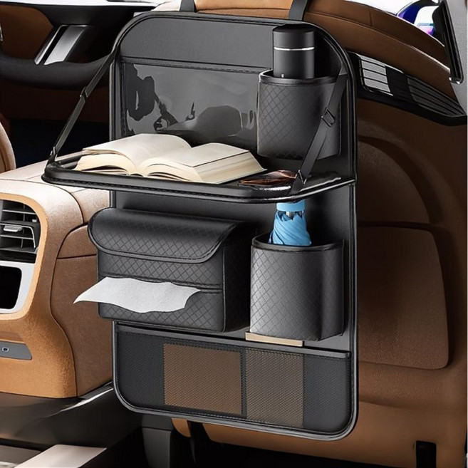 카지온 차량용 뒷좌석 수납포켓 가죽 킥커버 멀티 테이블 수납 정리함, 블랙, 1개
