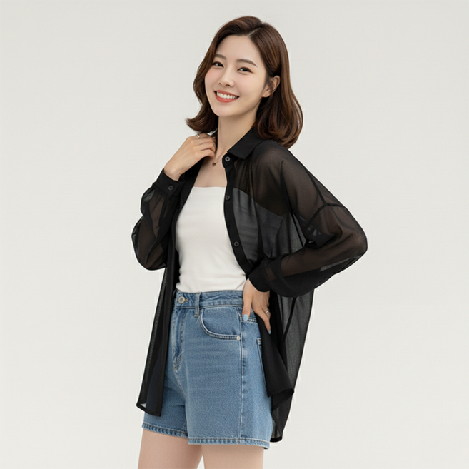 데일로엔 여성 오간자 시스루 오버핏 셔츠 블라우스 여름 아우터