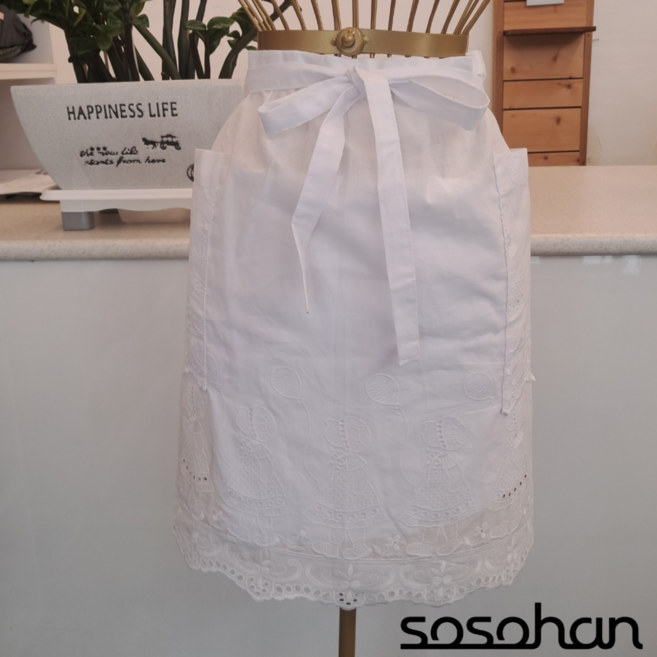 소소한 핸드메이드 아사면 레이스 소녀 자수 앞치마, 1개, 화이트