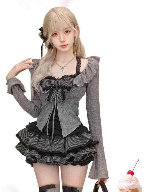 JoYouth 일본 지뢰계 고스로리 패션 공주풍 리본 블랙 나시 가디건 스커트 세트