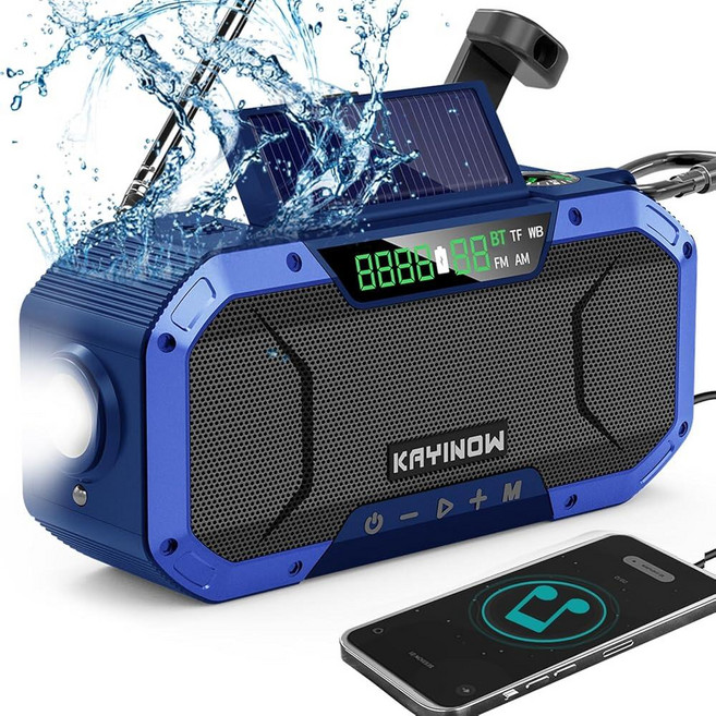 KAYNOW 긴급 NOAA 라디오 블루투스 스피커가 장착된 태양열 핸드 크랭크 FM AM 5000mAh 배터리 구동 휴대폰 충전기 손전등 IPX5 방수 생존 허리케인 캠핑용, Blue, Blue