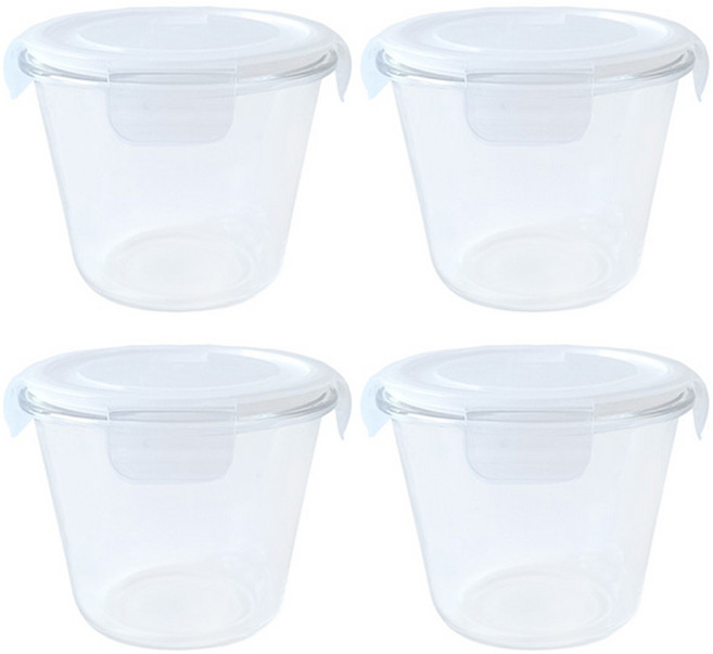 원형 내열 유리 밀폐용기 세트 대용량 보관 통 반찬통 찬통 반찬 그릇 뚜껑 밀폐 용기 투명, R99869D(화이트 720ml, 4개, 화이트 720ml