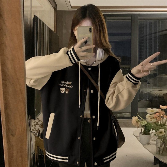 internal 美式外套女2025春秋款連帽寬鬆學院風長袖撞色拼接ins棒球夾克衫