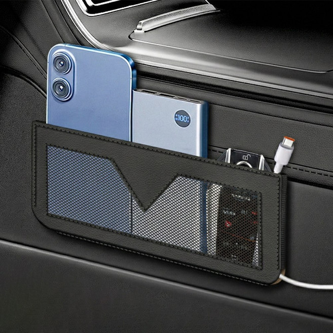 오엠티 부착식 가죽 차량용 틈새 수납 포켓, 블랙, 1개