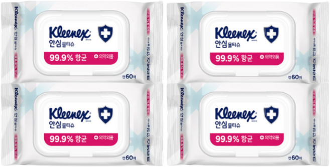 크리넥스 안심물티슈 캡형 60매X 4EA, 60매입, 4개
