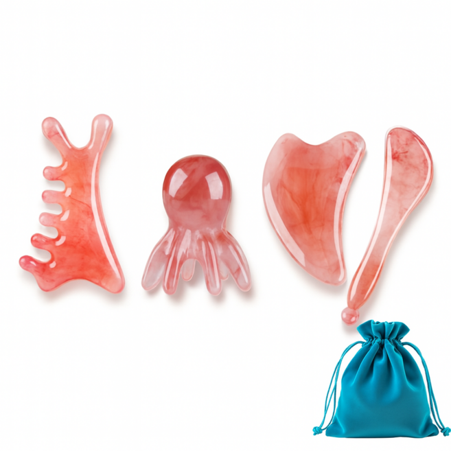 데이엔 괄사 4종 바디 페이스 두피 종아리 마사지 도구 세트, 로즈핑크, 1개