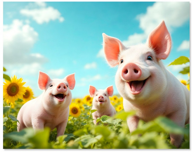 돈들어오는 그림 해바라기 자석 포스터 자석액자, 행복꽃돼지